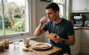 Joven deportista desayunando tostadas, plátano y agua antes de las pruebas físicas de las oposiciones a Mossos d'Esquadra
