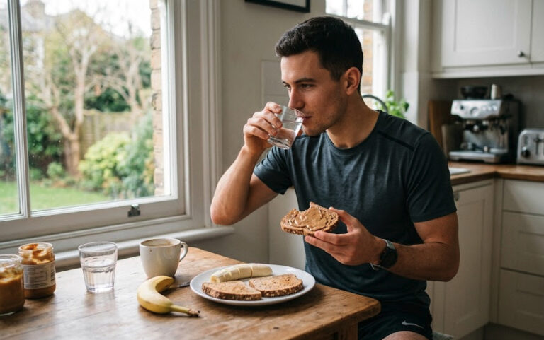 Joven deportista desayunando tostadas, plátano y agua antes de las pruebas físicas de las oposiciones a Mossos d'Esquadra