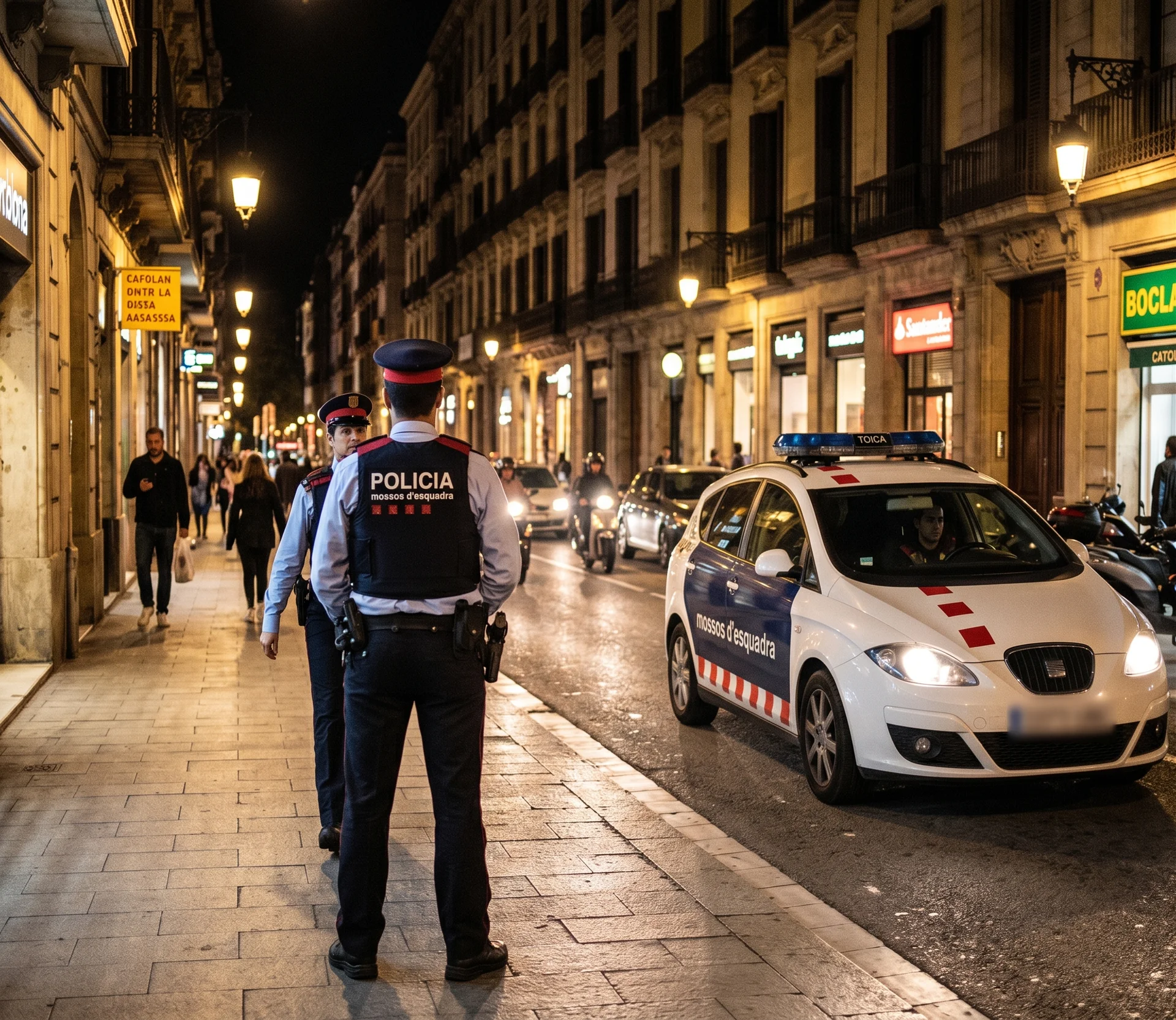 Dos agentes de Mossos dEsquadra en turno de noche patrullando el centro de Barcelona