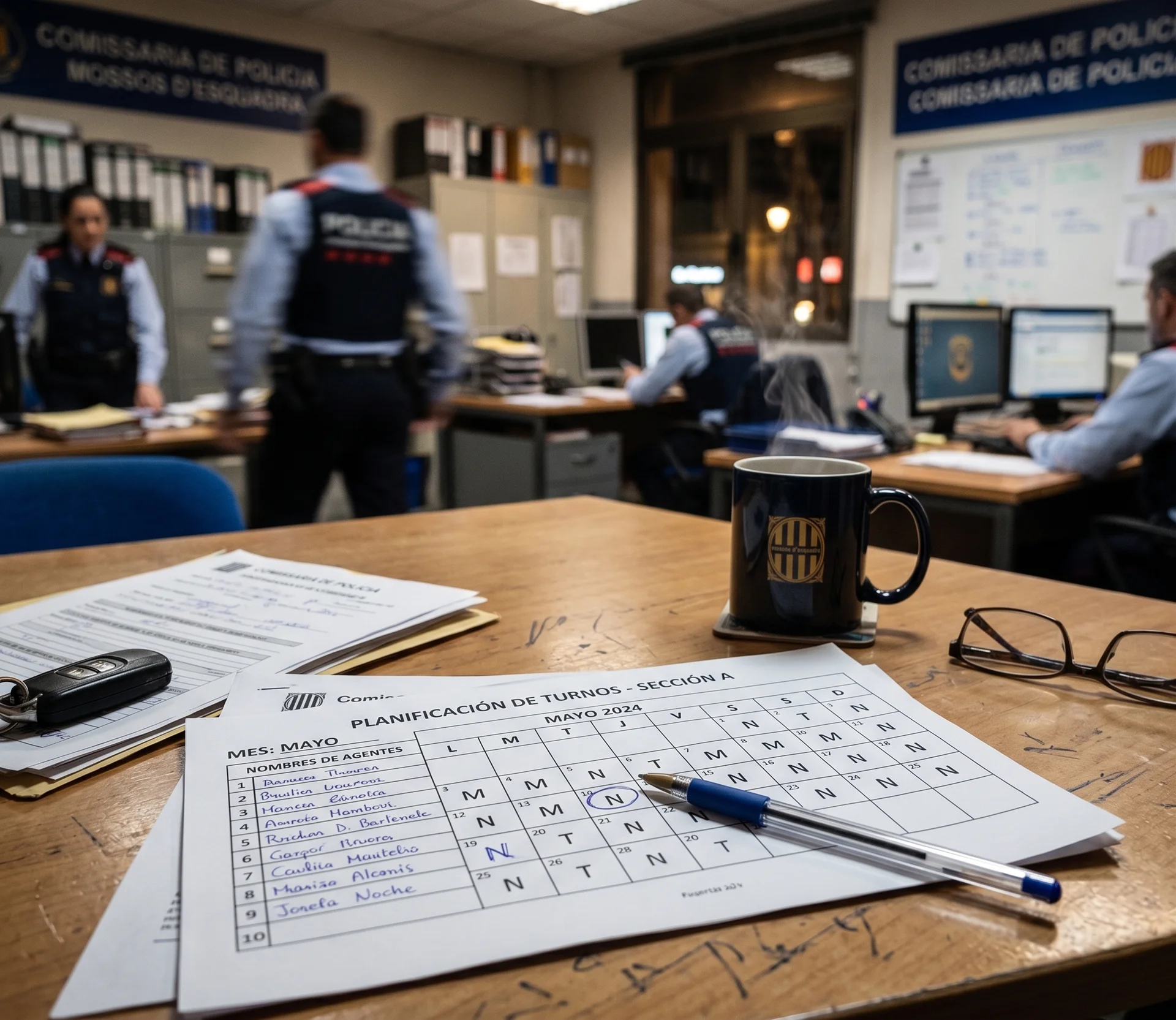 Cuadrante de planificacion de turnos de Mossos dEsquadra sobre una mesa de comisaria