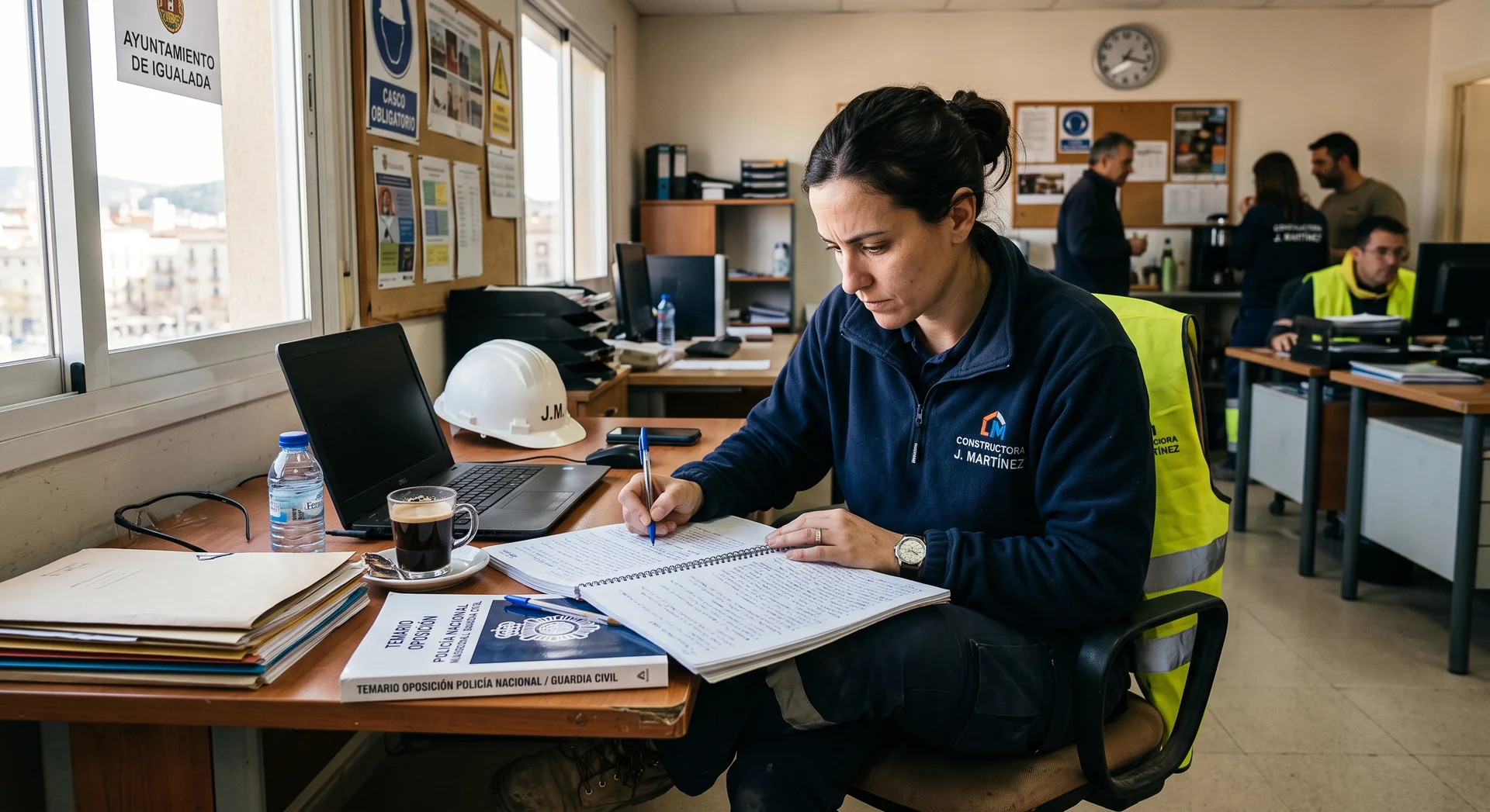 Trabajadora estudiando apuntes de oposición policial durante el descanso en su lugar de trabajo