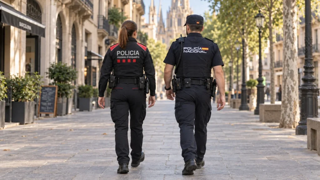 Agente de Mossos d’Esquadra y agente de Policía Nacional patrullando juntos por una calle de Barcelona