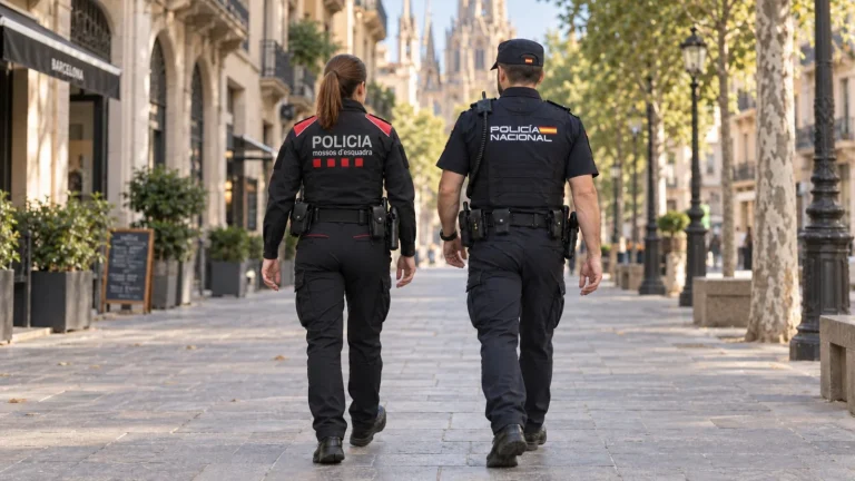 Agente de Mossos d’Esquadra y agente de Policía Nacional patrullando juntos por una calle de Barcelona