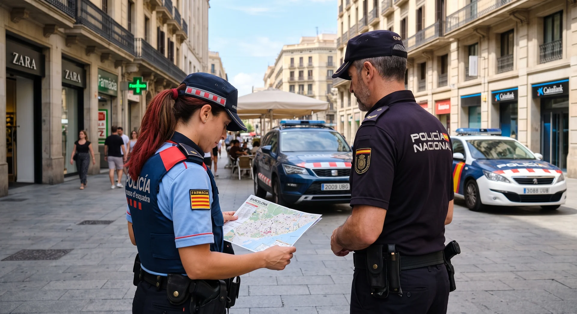 Agente de Mossos d’Esquadra y agente de Policía Nacional consultando un mapa de Barcelona