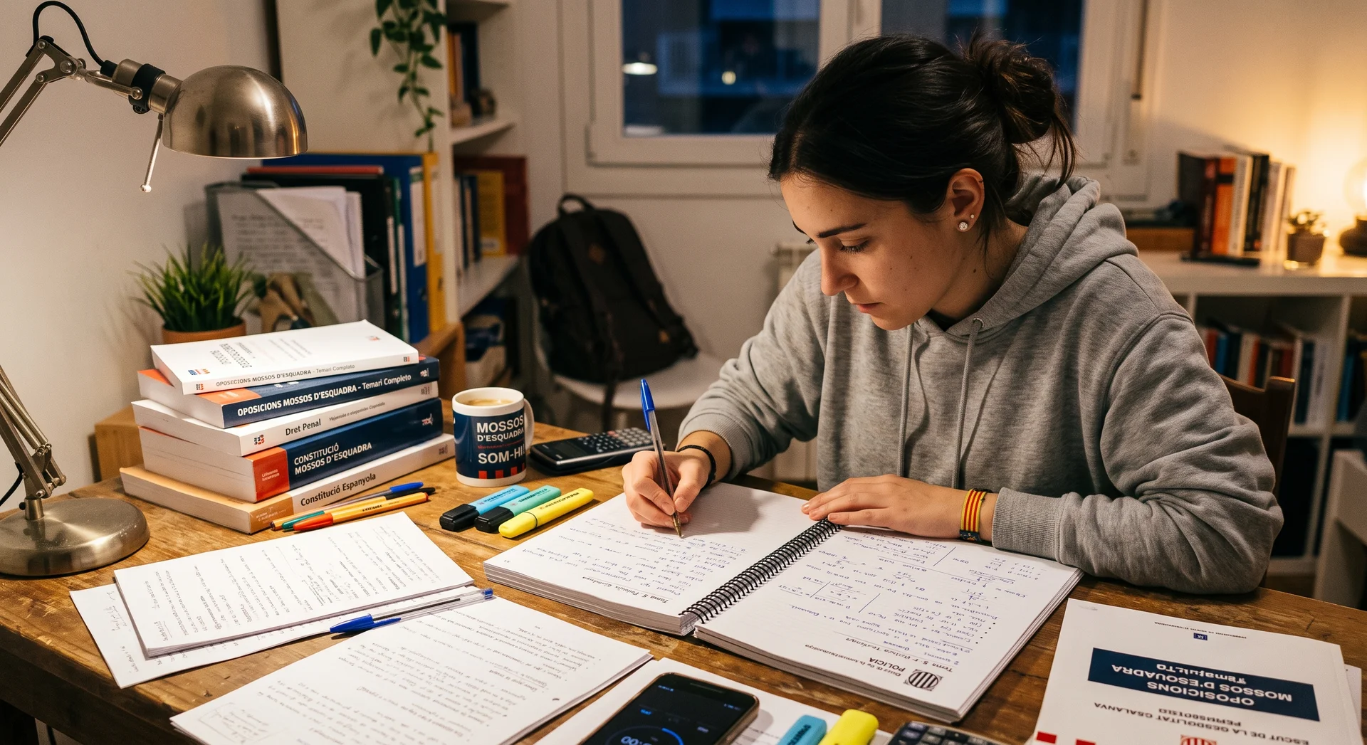 Opositora estudiando el temario de Mossos d’Esquadra en casa con apuntes y libros